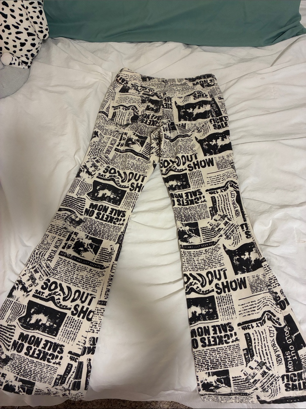 Garage denim, never won, black & Cream Newspaper Print Flared Pants - Picture 2 of 3